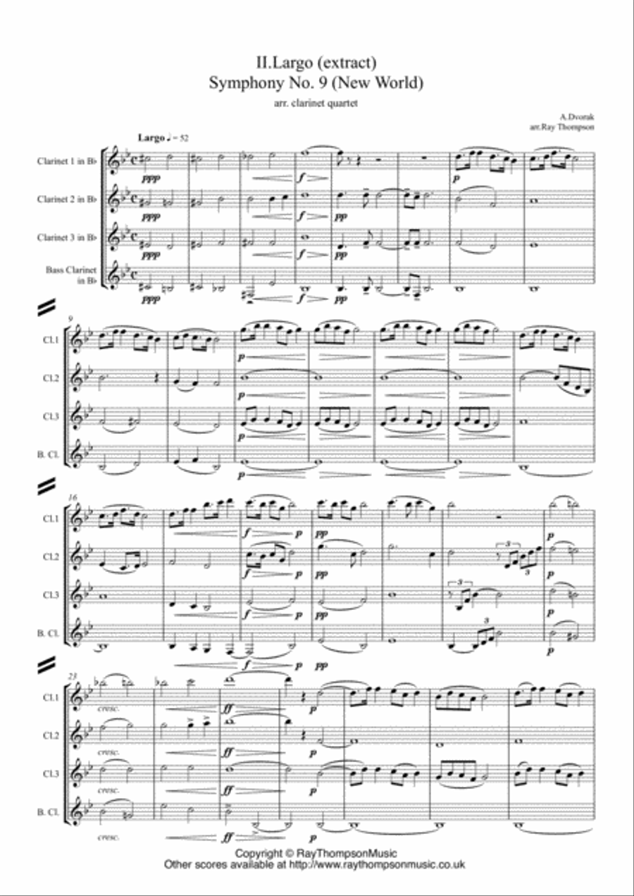 Dvorak: Mvt.II Largo (extract) from Symphony No.9 (New World) Op.95 - clarinet quartet Clarinet Quartet scores gallery preview page 1