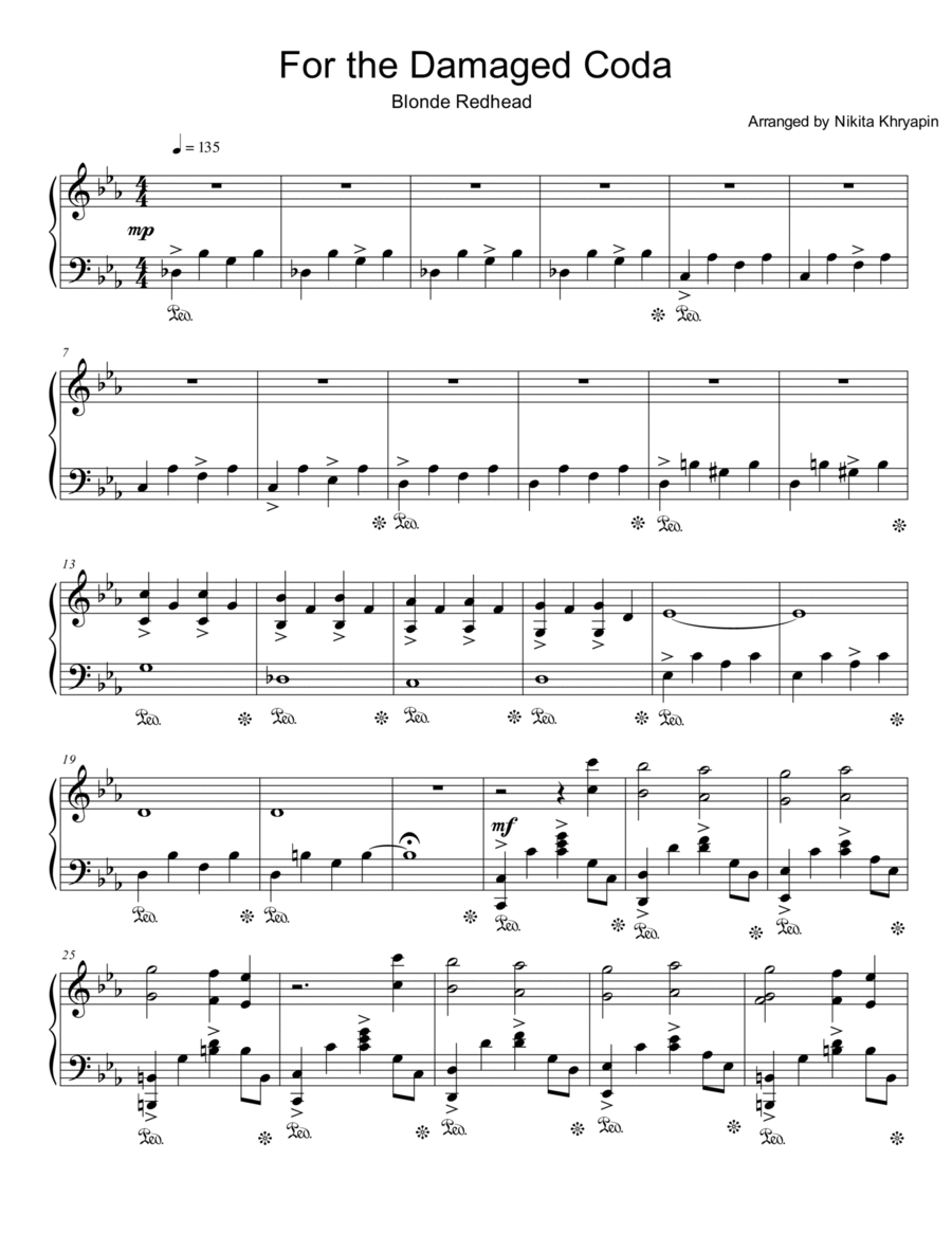 For the Damaged Coda - Piano Arrangement - Intermediate Difficulty Piano Solo scores gallery preview page 1