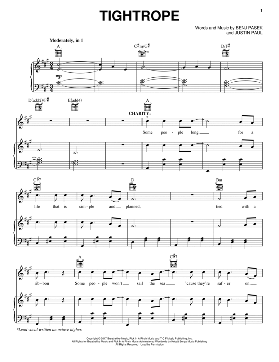 Tightrope (from The Greatest Showman) Piano, Vocal, Guitar scores gallery preview page 1