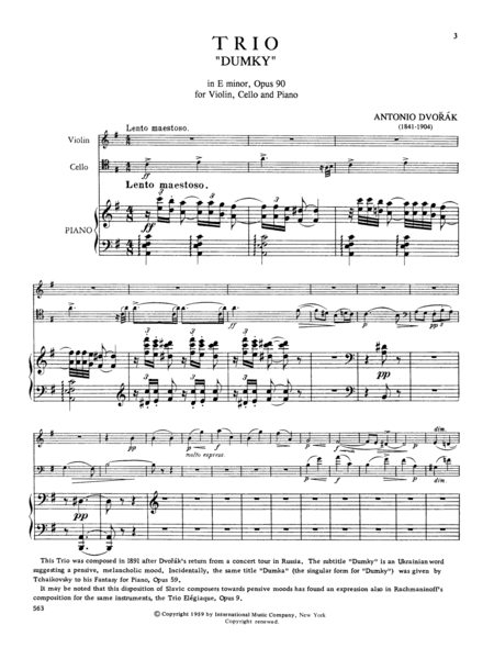 Trio in E minor, Opus 90 - 'Dumky'