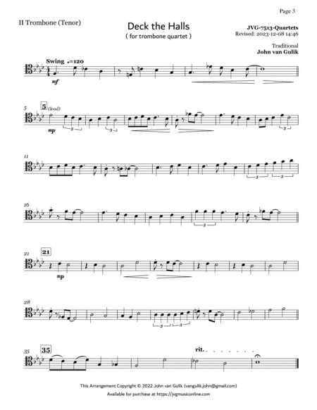 Trombone Quartets For Christmas Vol 2 - Part 2 - Tenor Clef