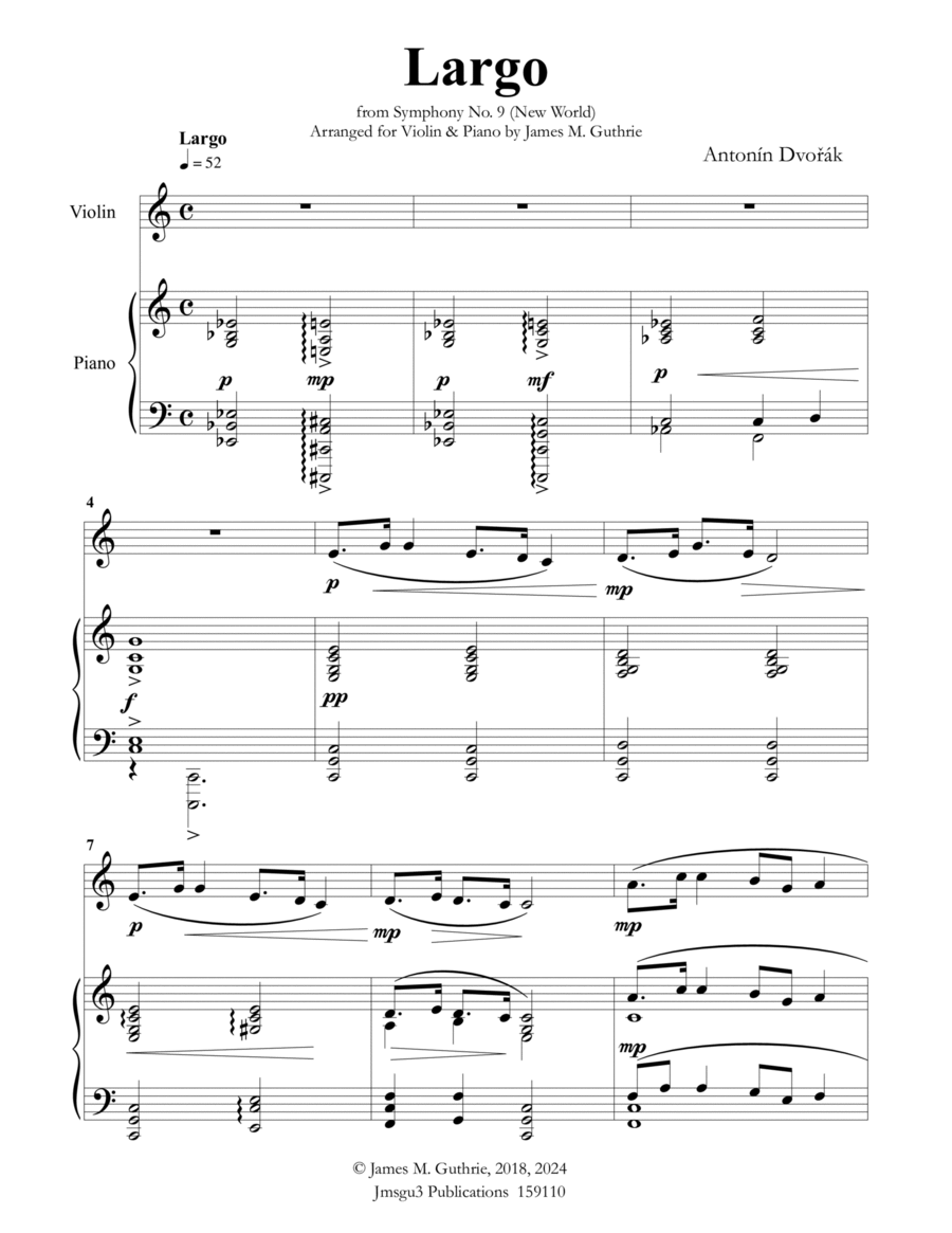 Dvořák: Largo from the New World Symphony for Violin & Piano Violin Solo scores gallery preview page 1