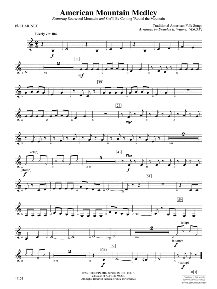 American Mountain Medley: 1st B-flat Clarinet Concert Band scores gallery preview page 1