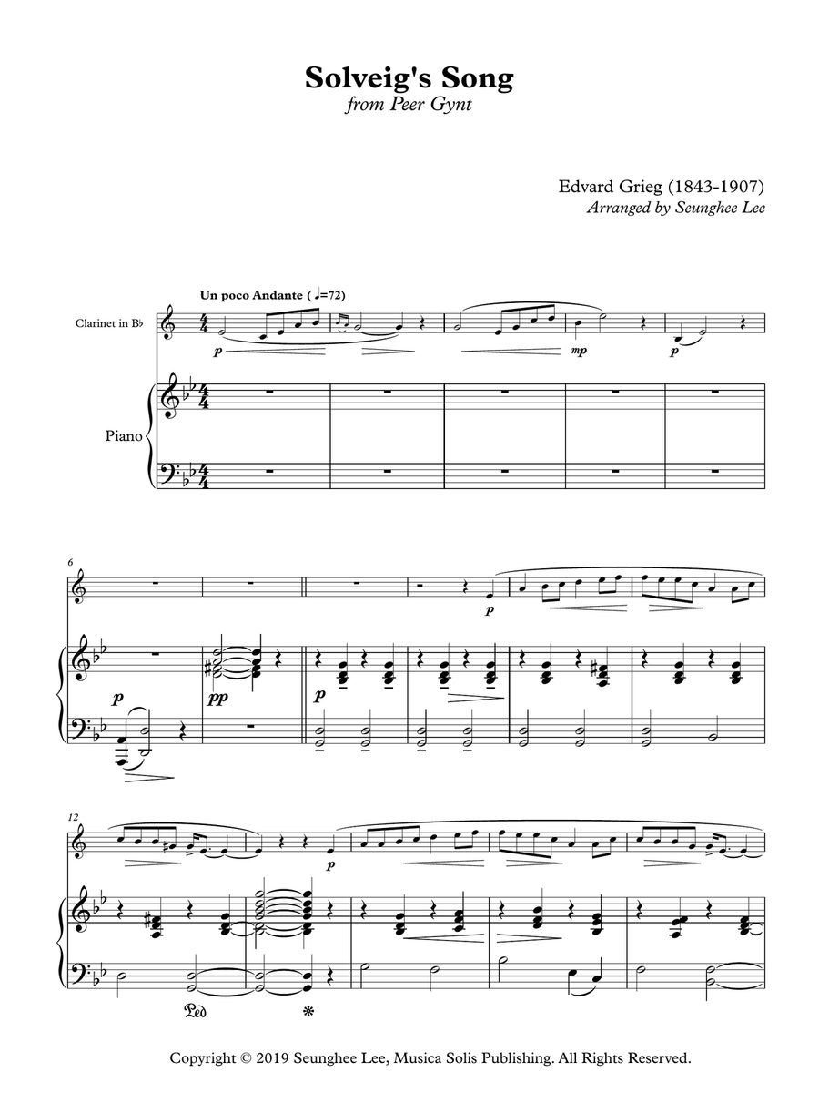 Edvard Grieg: Solveig's Song for Clarinet and Piano Clarinet Solo scores gallery preview page 1