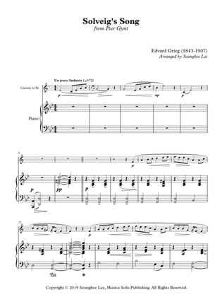 Edvard Grieg: Solveig's Song for Clarinet and Piano