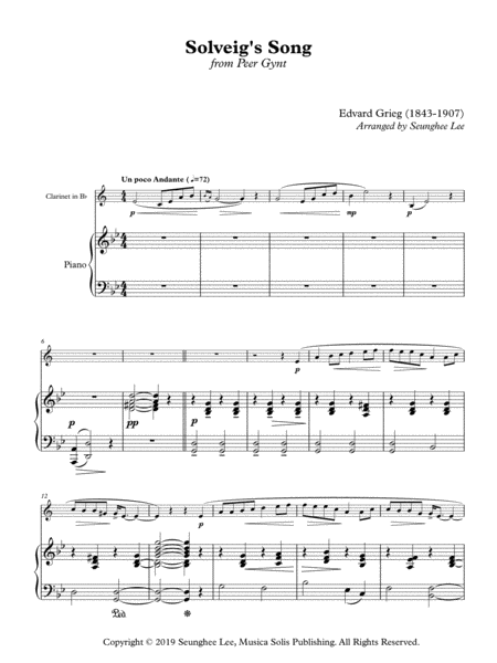 Edvard Grieg: Solveig's Song for Clarinet and Piano image number null