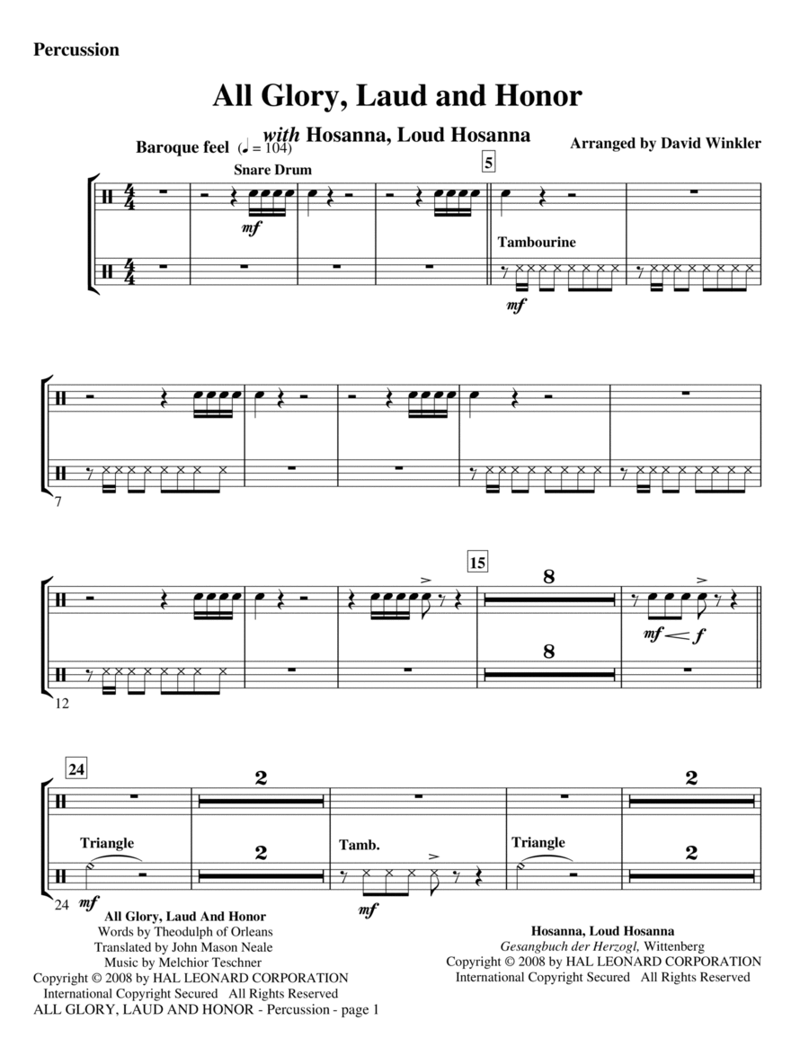 All Glory, Laud, And Honor (with Hosanna, Loud Hosanna) - Percussion Percussion scores gallery preview page 1