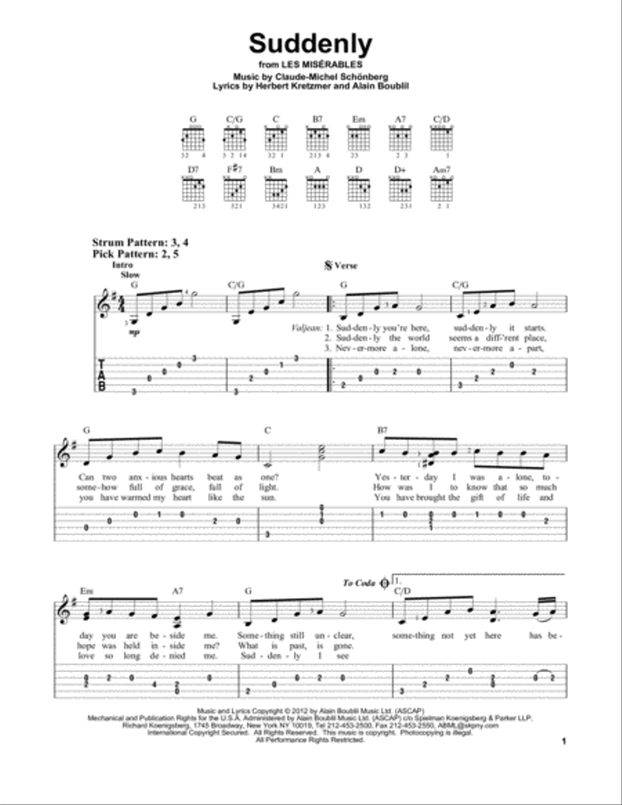 Suddenly (from Les Miserables) Guitar Tablature scores gallery preview page 1