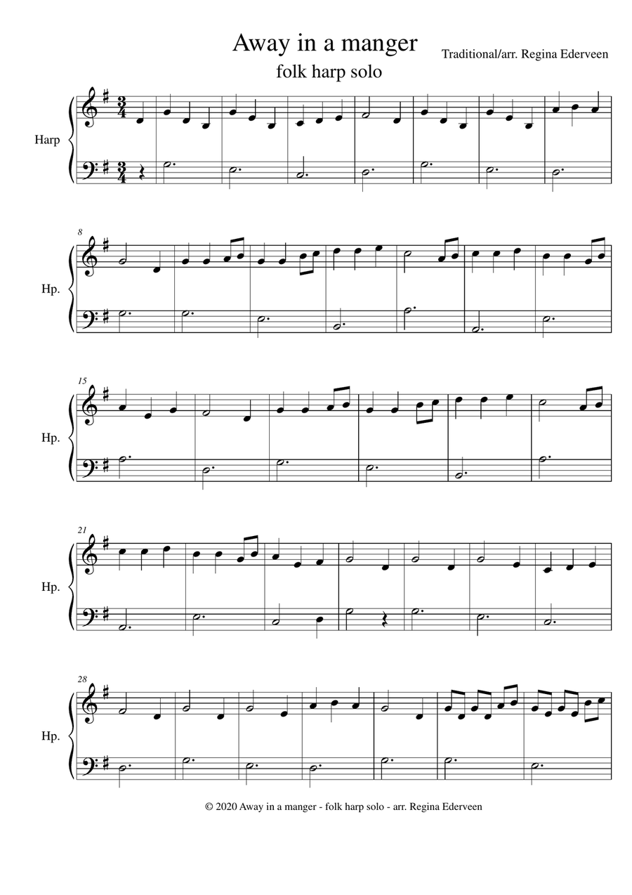 Away in a manger - harp solo - beginner Harp scores gallery preview page 1