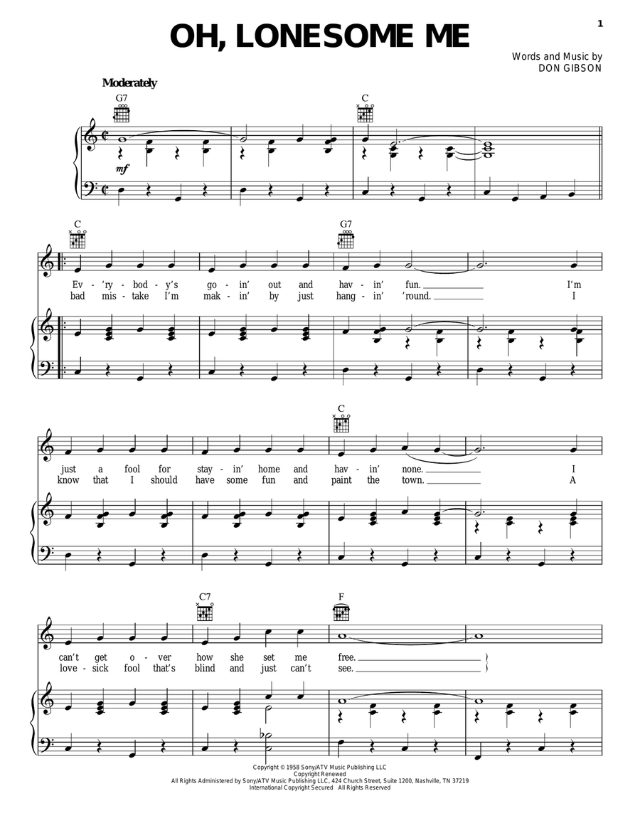 Oh, Lonesome Me Piano, Vocal, Guitar scores gallery preview page 1