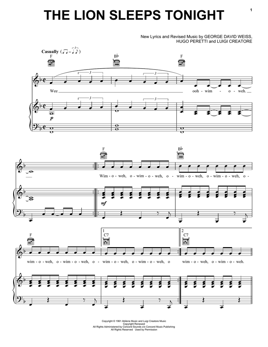 The Lion Sleeps Tonight Piano, Vocal, Guitar scores gallery preview page 1