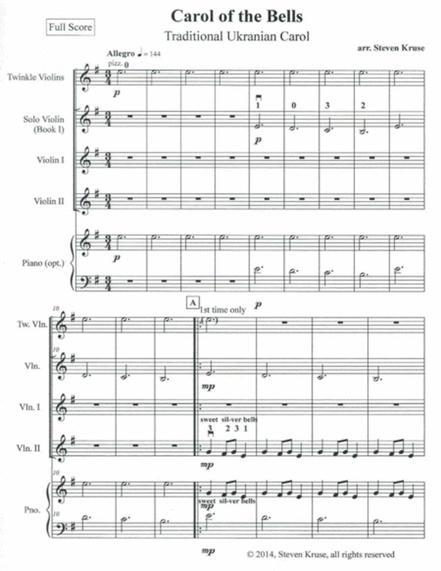Carol of the Bells for Violin Ensemble of four parts, on different ability levels, from pre-Twinkle image number null