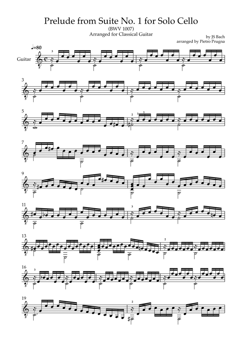 Prelude (from Suite No. 1 for Solo Cello) (BWV 1007) by JS Bach - arr for Solo Guitar in C major image number null
