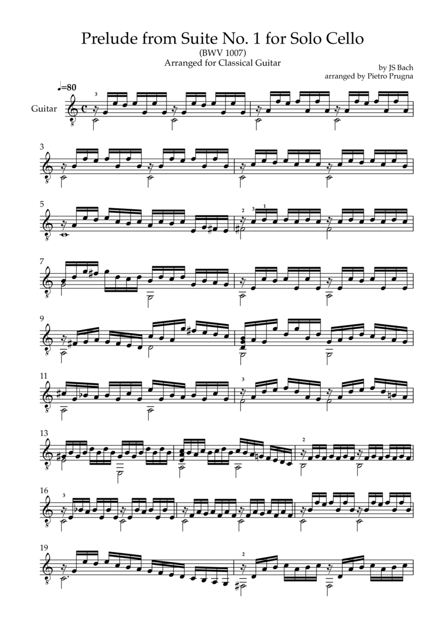 Prelude (from Suite No. 1 for Solo Cello) (BWV 1007) by JS Bach - arr for Solo Guitar in C major Prelude (from Suite No. 1 for Solo Cello) (BWV 1007) by JS Bach - arr for Solo Guitar in C major Acoustic Guitar scores gallery preview page 1
