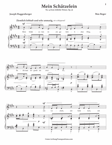 REGER: Mein Schätzelein, Op. 76 no. 14 (transposed to E major)