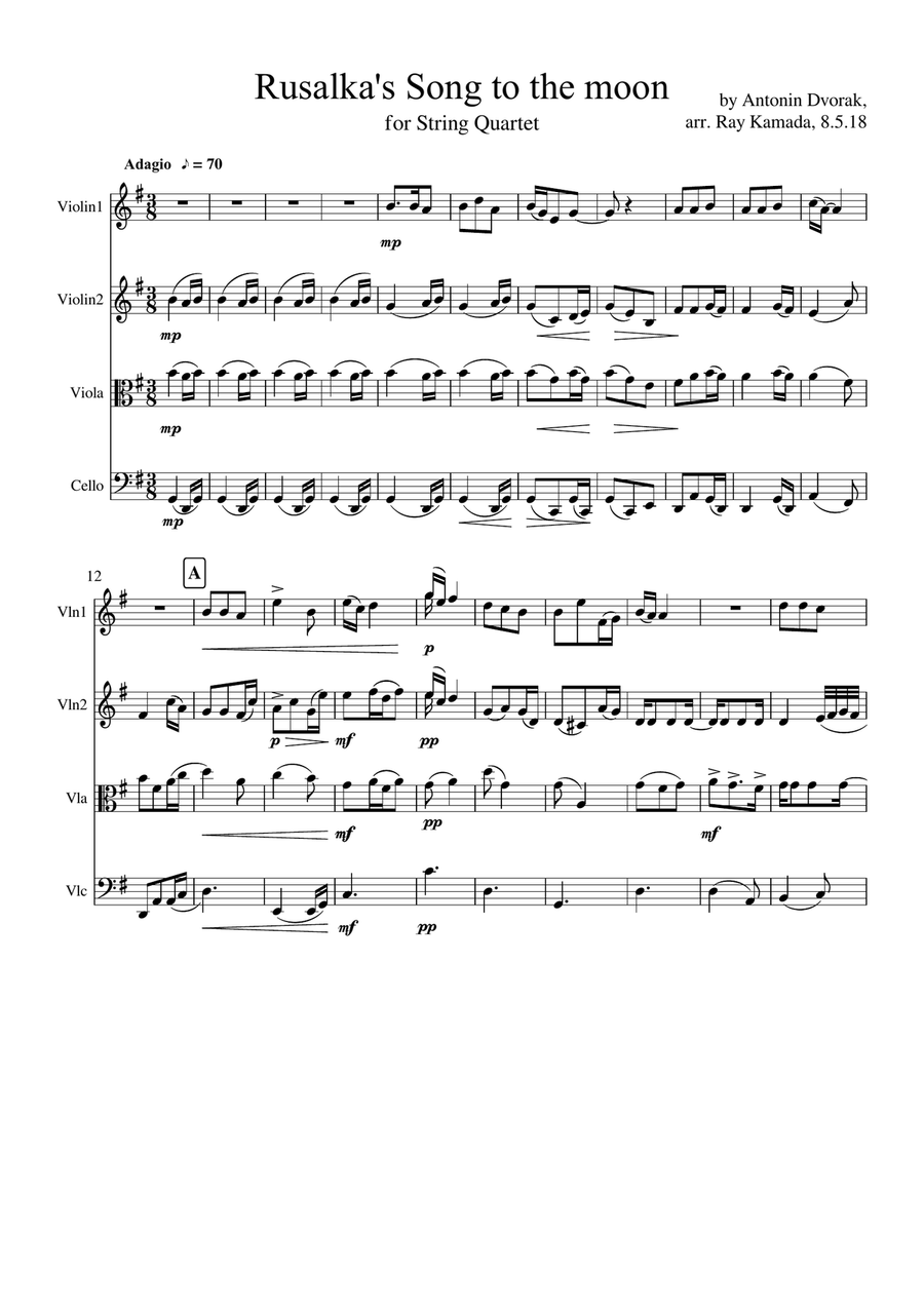 Rusalka's Song to the Moon - a Dvorak aria for String Quartet String Quartet scores gallery preview page 1