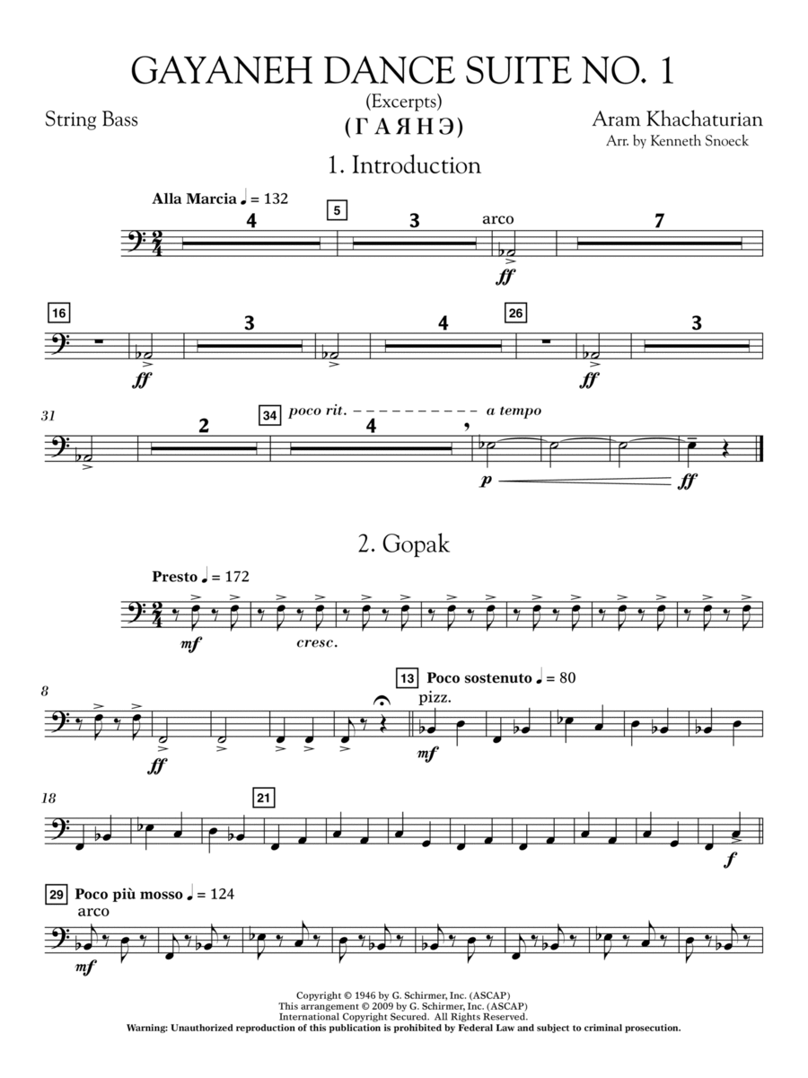 Gayenah Dance Suite No. 1 (Excerpts) (arr. Kenneth Snoeck) - String Bass Concert Band scores gallery preview page 1