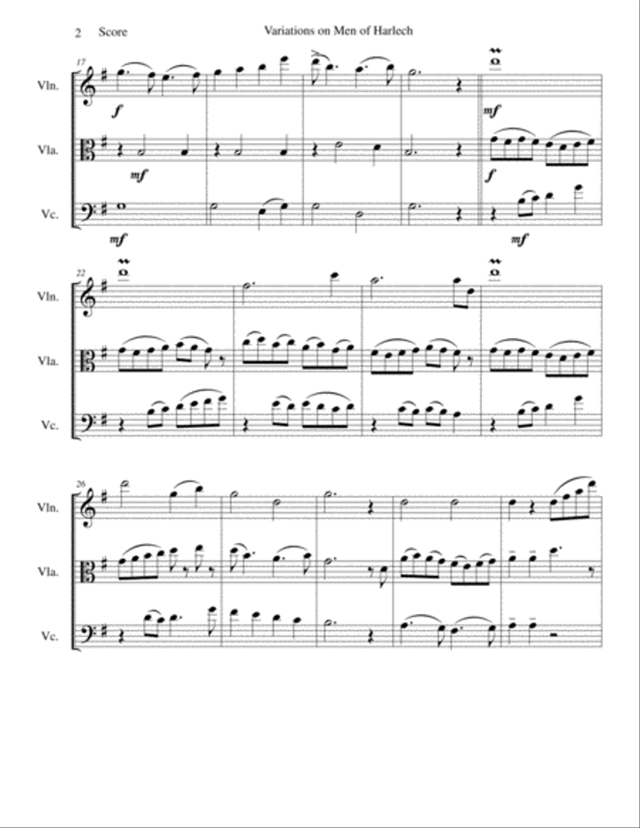 Variations on Men of Harlech (Rhyfelgyrch Gwŷr Harlech ) arrangement for string trio String Trio scores gallery preview page 2