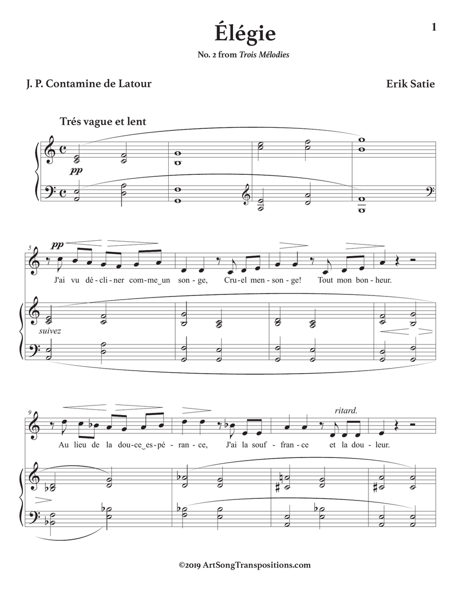 SATIE: Élégie (transposed to A minor) Voice scores gallery preview page 2