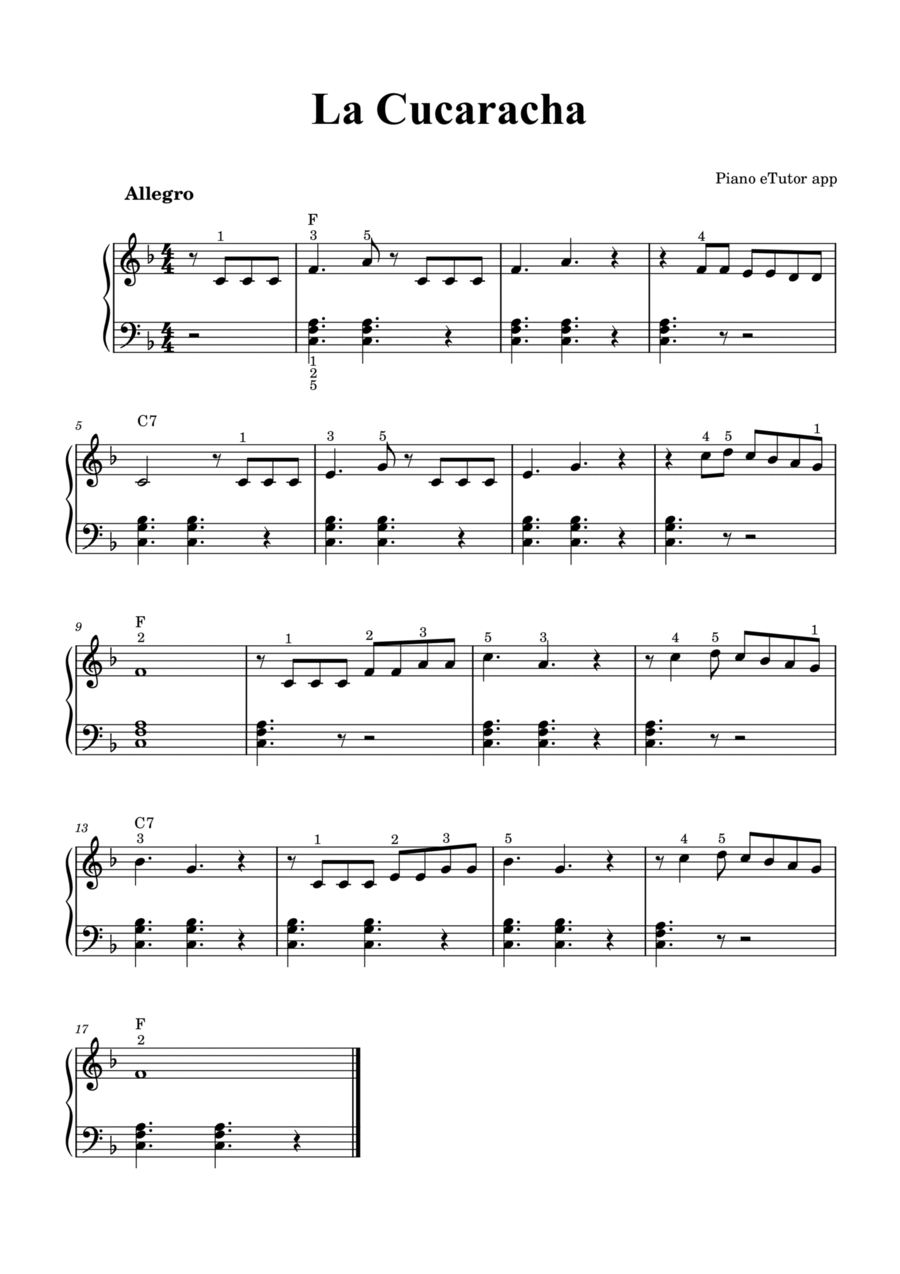 La Cucaracha - piano sheet music Easy Piano scores gallery preview page 1