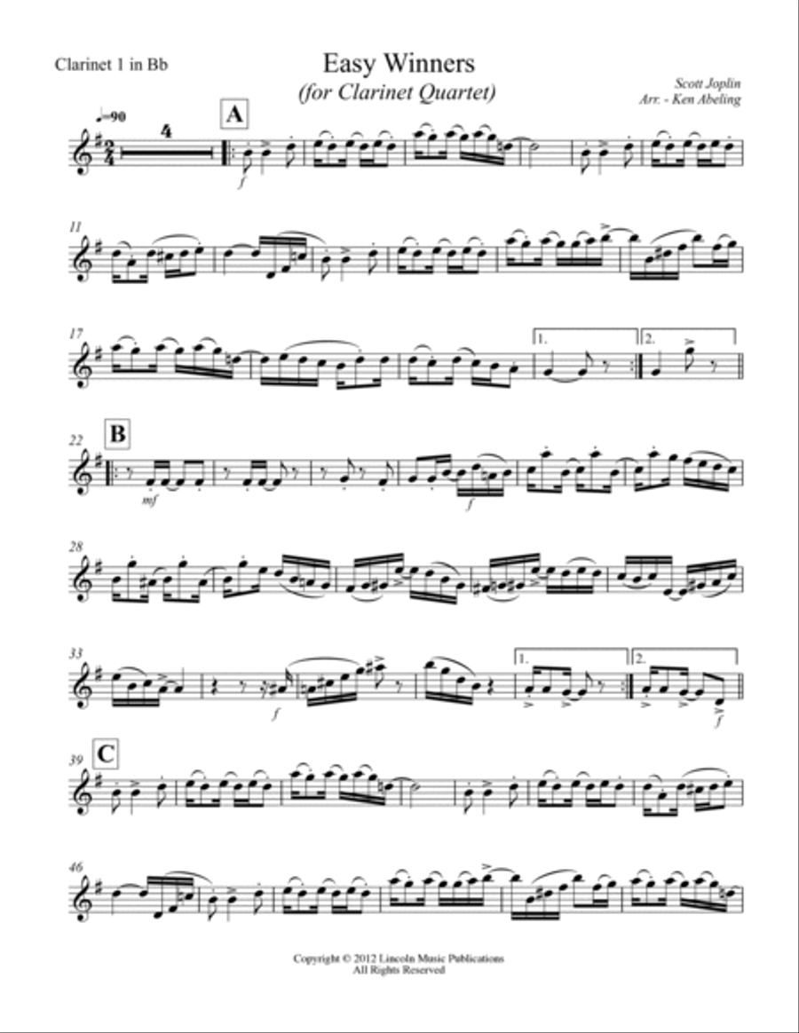 Joplin - “The Easy Winners” (for Clarinet Quartet) Clarinet Quartet scores gallery preview page 6