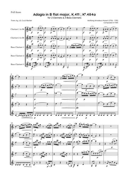 Mozart - Adagio in B flat major, K.411 ; K⁶.484a, arr. for 2 Clarinets & 3 Bass Clarinets