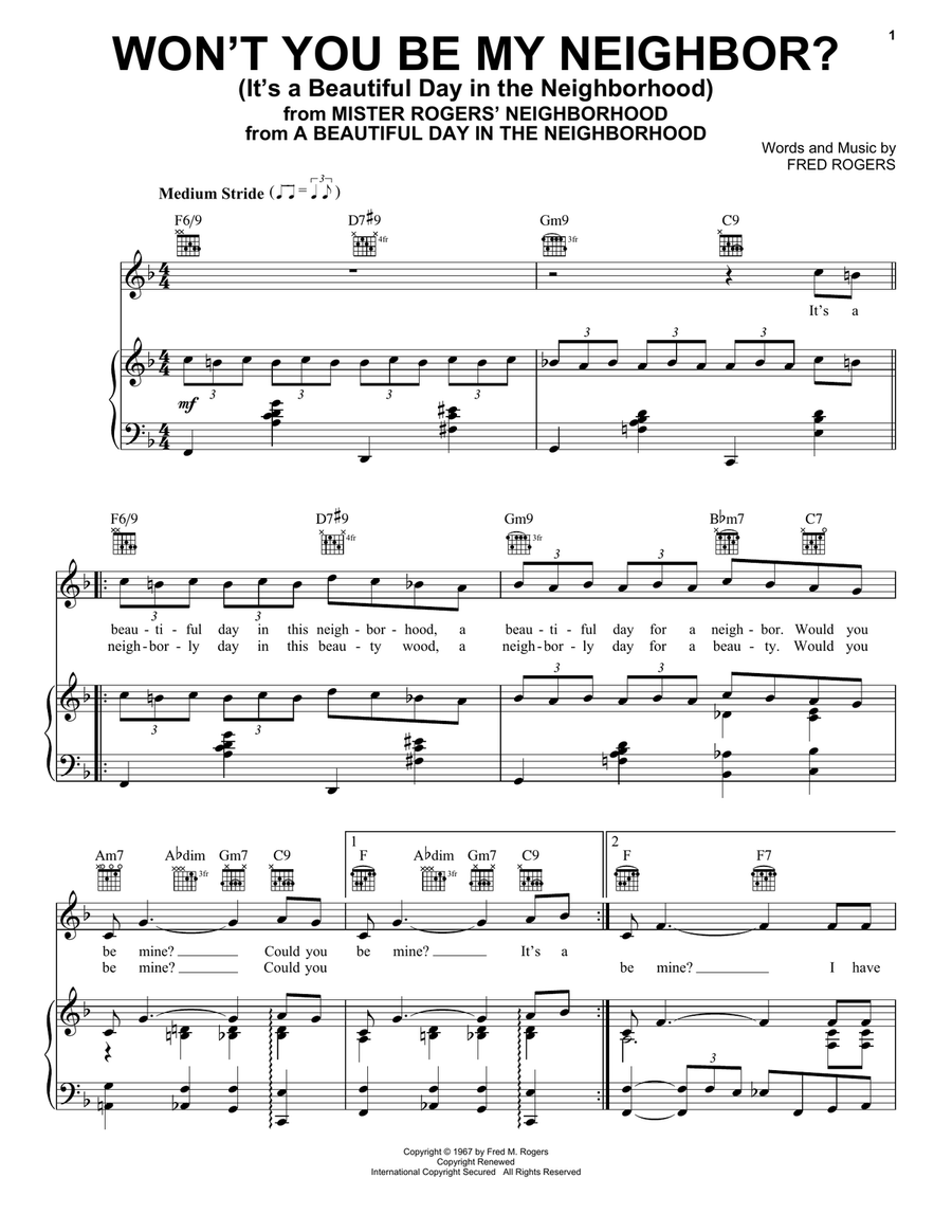 Won't You Be My Neighbor? (It's A Beautiful Day In The Neighborhood) Piano, Vocal, Guitar scores gallery preview page 1