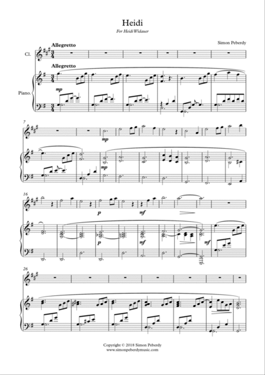 Heidi, for Clarinet and Piano by Simon Peberdy Clarinet Solo scores gallery preview page 3
