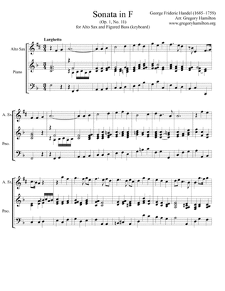 Sonata in F by George Frideric Handel arranged for Alto Sax and Piano