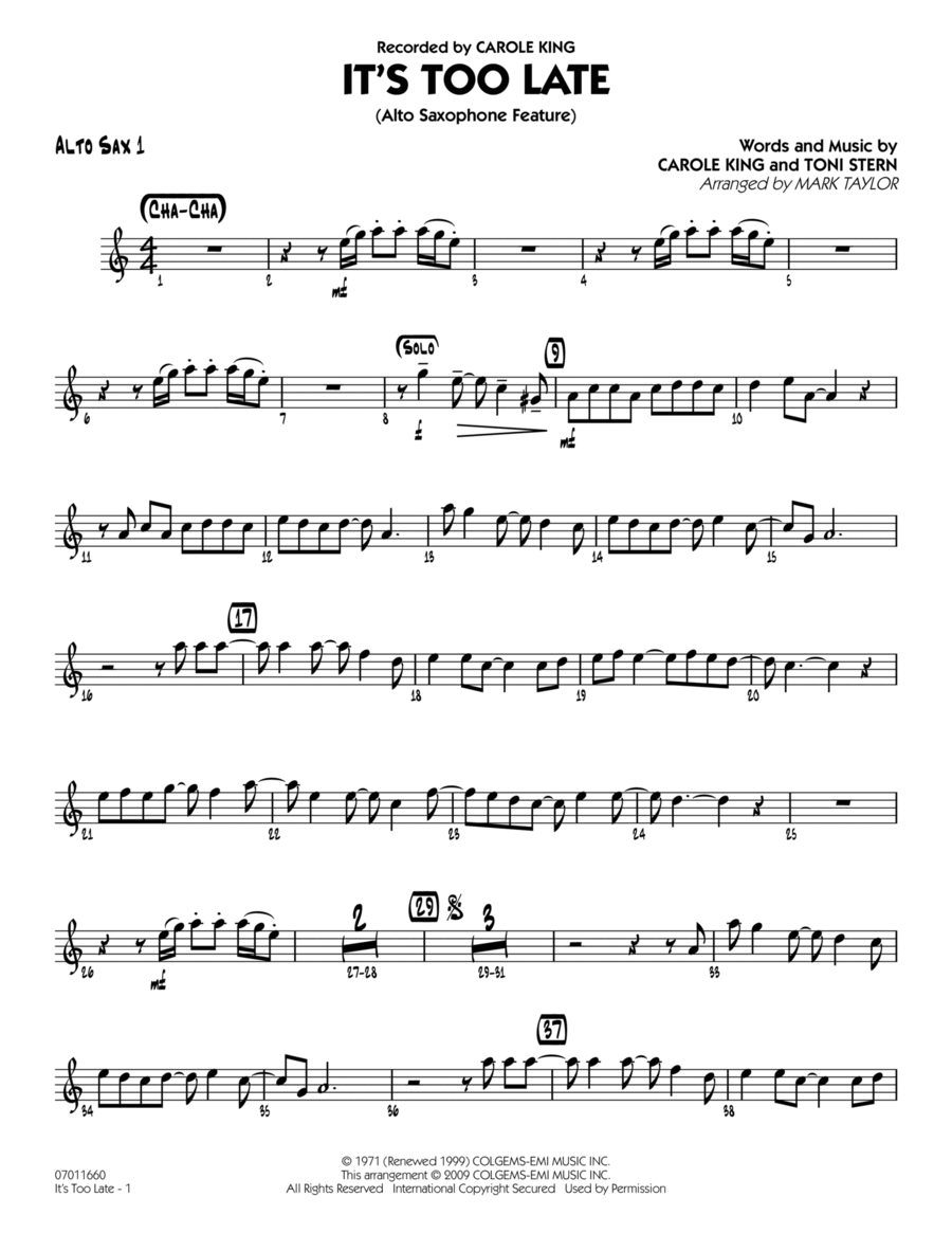 It's Too Late (Alto Saxophone Feature) - Alto Sax 1