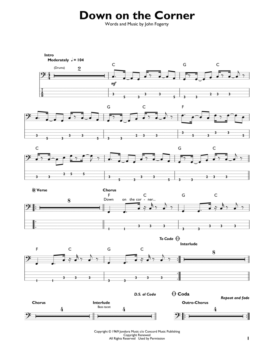 Down On The Corner Bass Guitar scores gallery preview page 1