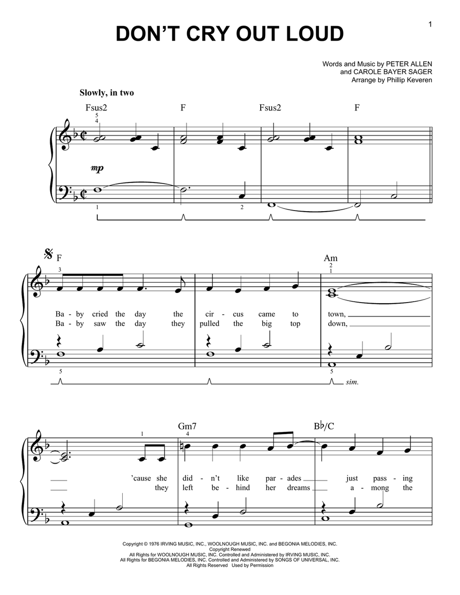 Don't Cry Out Loud (We Don't Cry Out Loud) (arr. Phillip Keveren) Easy Piano scores gallery preview page 1