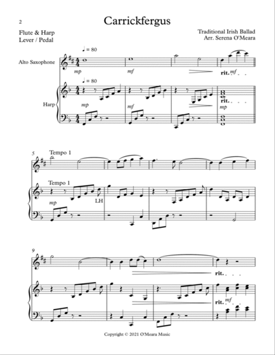 Carrickfergus Duet for Eb Alto Saxophone & Harp image number null