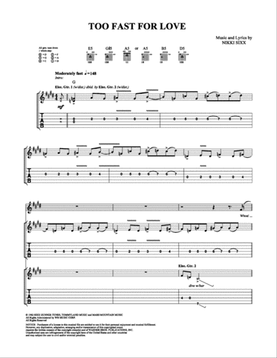 Too Fast for Love Electric Guitar scores gallery preview page 1