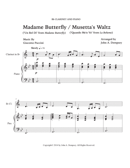 Puccini Medley: Un Bel Di (Madame Butterfly) and Musetta's Waltz (La Boheme): Clarinet & Piano image number null