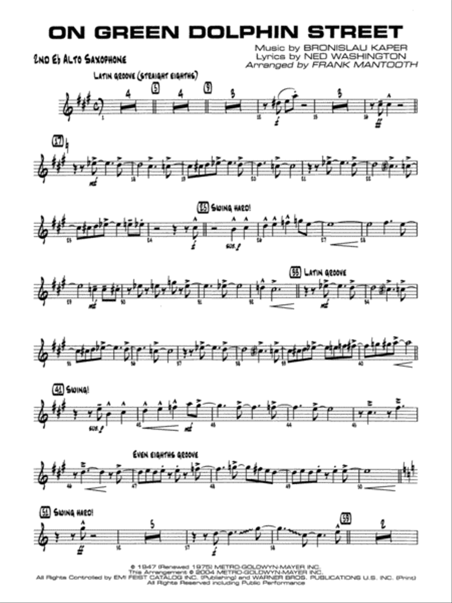 On Green Dolphin Street: 2nd E-flat Alto Saxophone Jazz Ensemble scores gallery preview page 1