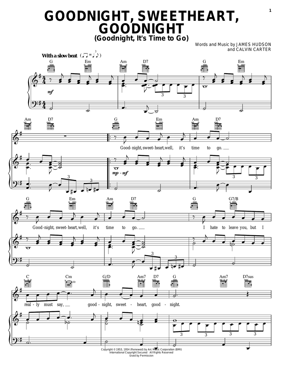 Goodnight, Sweetheart, Goodnight (Goodnight, It's Time To Go) Piano, Vocal, Guitar scores gallery preview page 1
