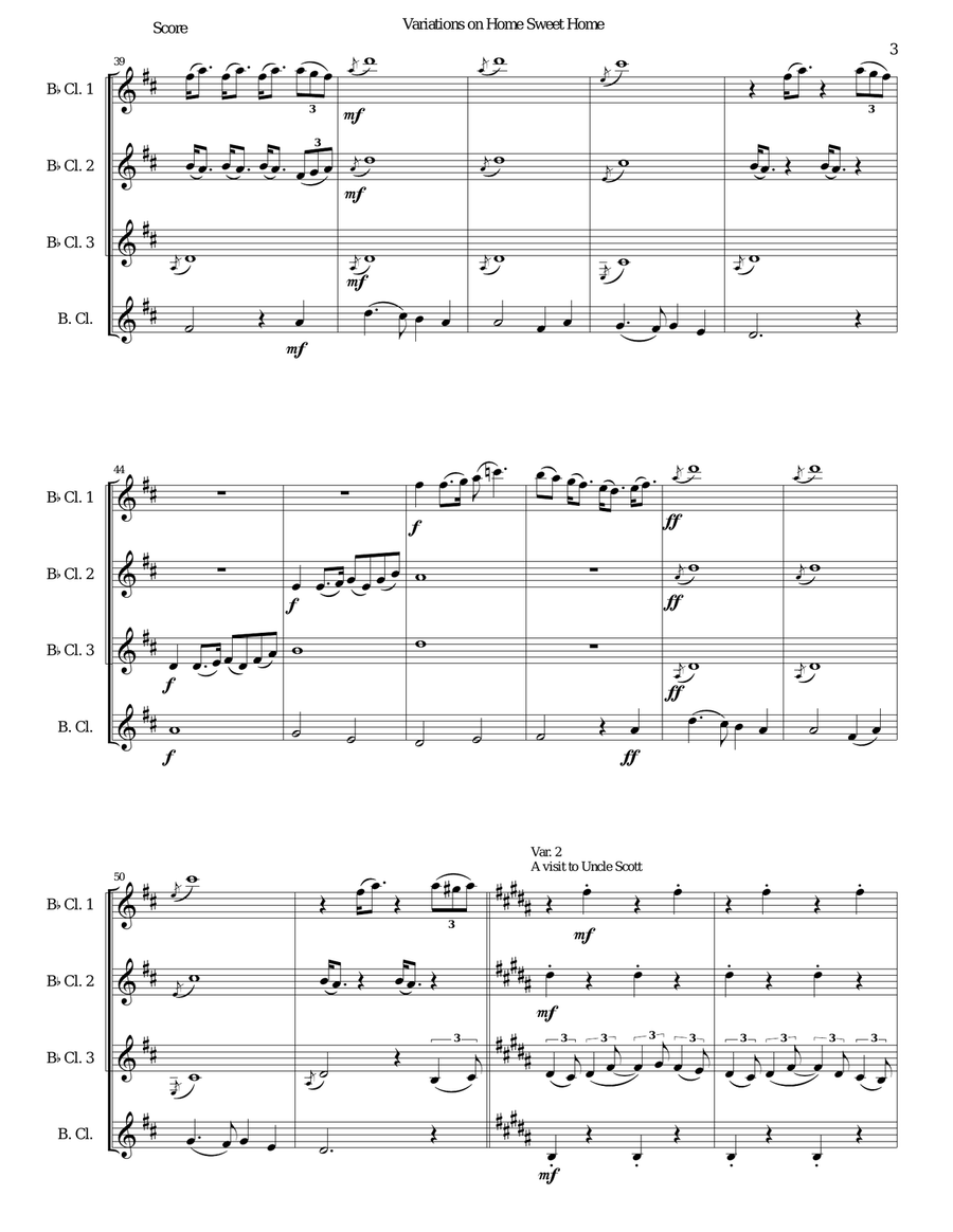 Variations on Home Sweet Home (there's no place like home) for clarinet quartet Clarinet Quartet scores gallery preview page 3