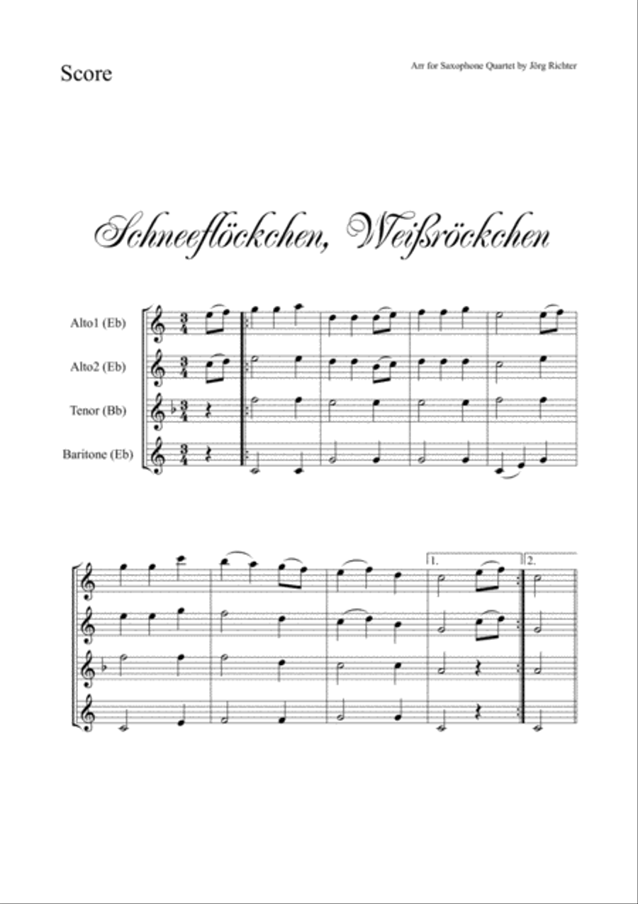 Tiny snowflake, white, tiny Skirt (Schneeflöckchen, Weißröckchen) for Saxophone Quartet Saxophone Quartet scores gallery preview page 2