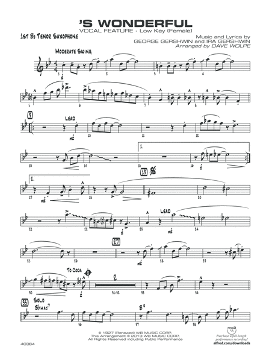 'S Wonderful: B-flat Tenor Saxophone Jazz Ensemble scores gallery preview page 1