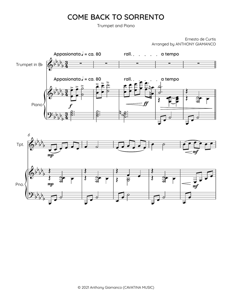 COME BACK TO SORRENTO - trumpet and piano Trumpet Solo scores gallery preview page 2