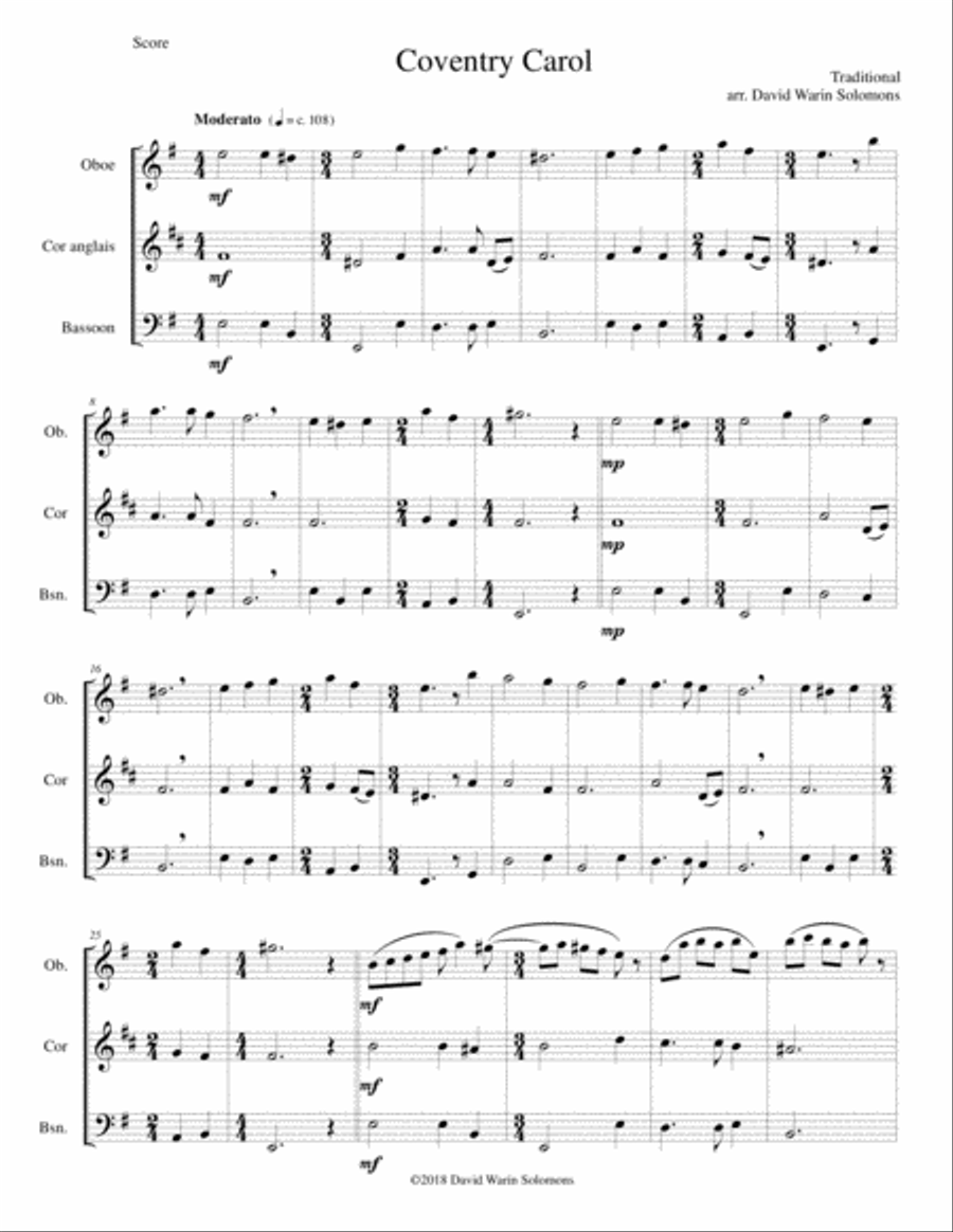 Coventry Carol for double-reed trio (oboe, cor anglais, bassoon) Woodwind Trio scores gallery preview page 1