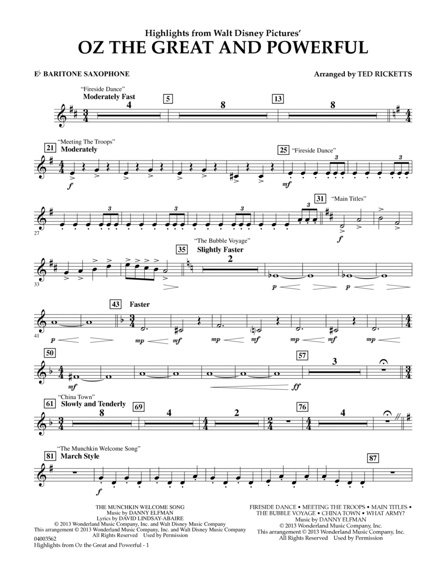 Highlights from "Oz the Great and Powerful" - Eb Baritone Saxophone