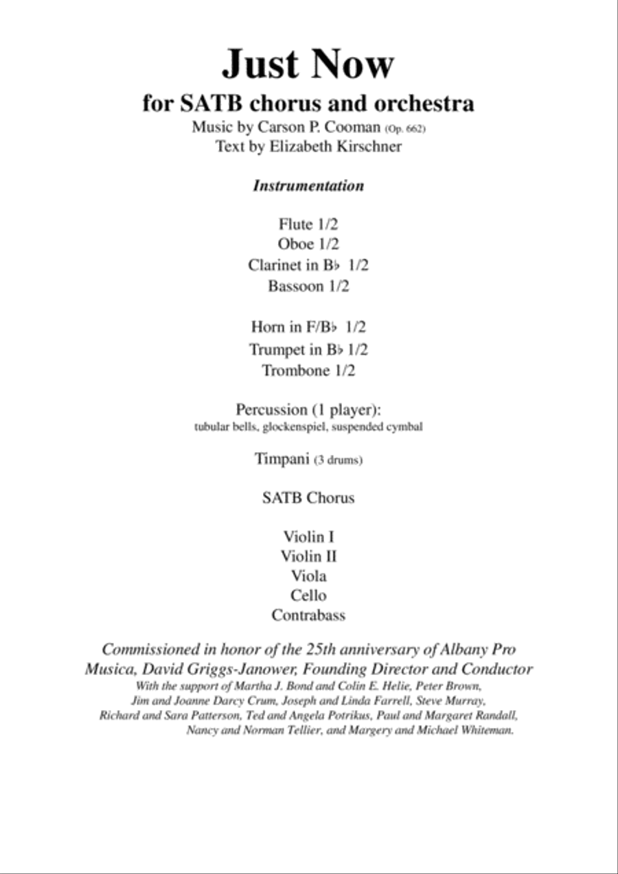 Carson Cooma: Just Now for SATB chorus and orchestra, score 4-Part scores gallery preview page 1