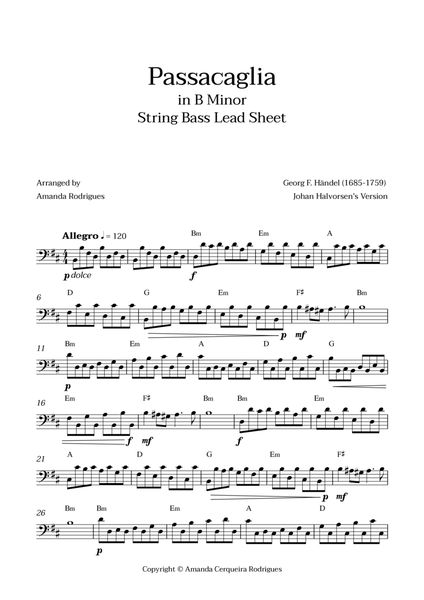 Passacaglia - Easy String Bass Lead Sheet in Bm Minor (Johan Halvorsen's Version) image number null