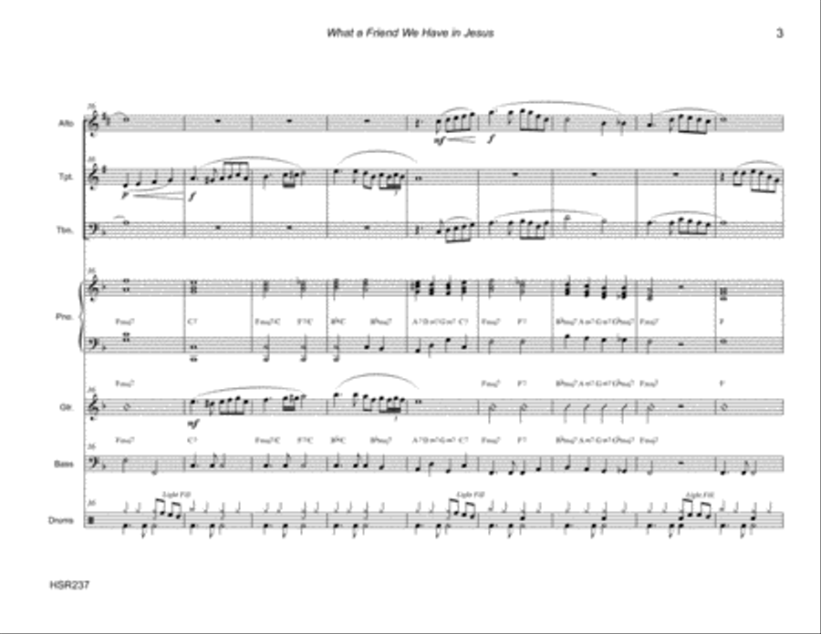 WHAT A FRIEND WE HAVE IN JESUS - ALTO SAX, TRUMPET & TROMBONE with Rhythm (Swing) Large Ensemble scores gallery preview page 3