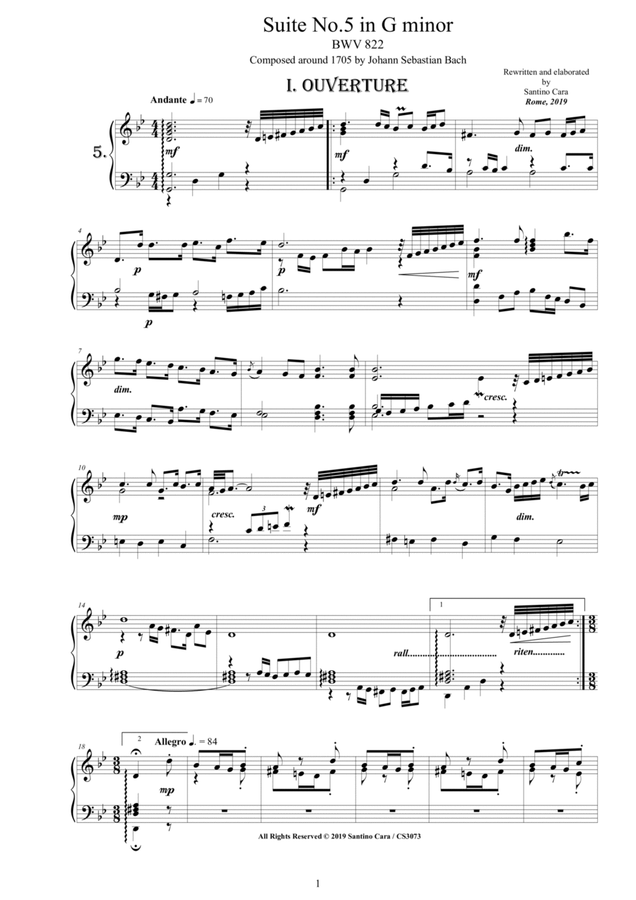 Bach - Piano Suite No.5 in G minor BWV 822 - Complete Piano version Piano Solo scores gallery preview page 1
