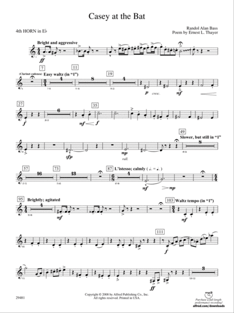 Casey at the Bat: (World Part) 4th Horn in E-flat Concert Band scores gallery preview page 1