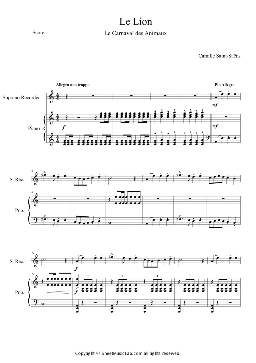 Le Lion (Le Carnaval des Animaux) Soprano Recorder scores gallery preview page 1