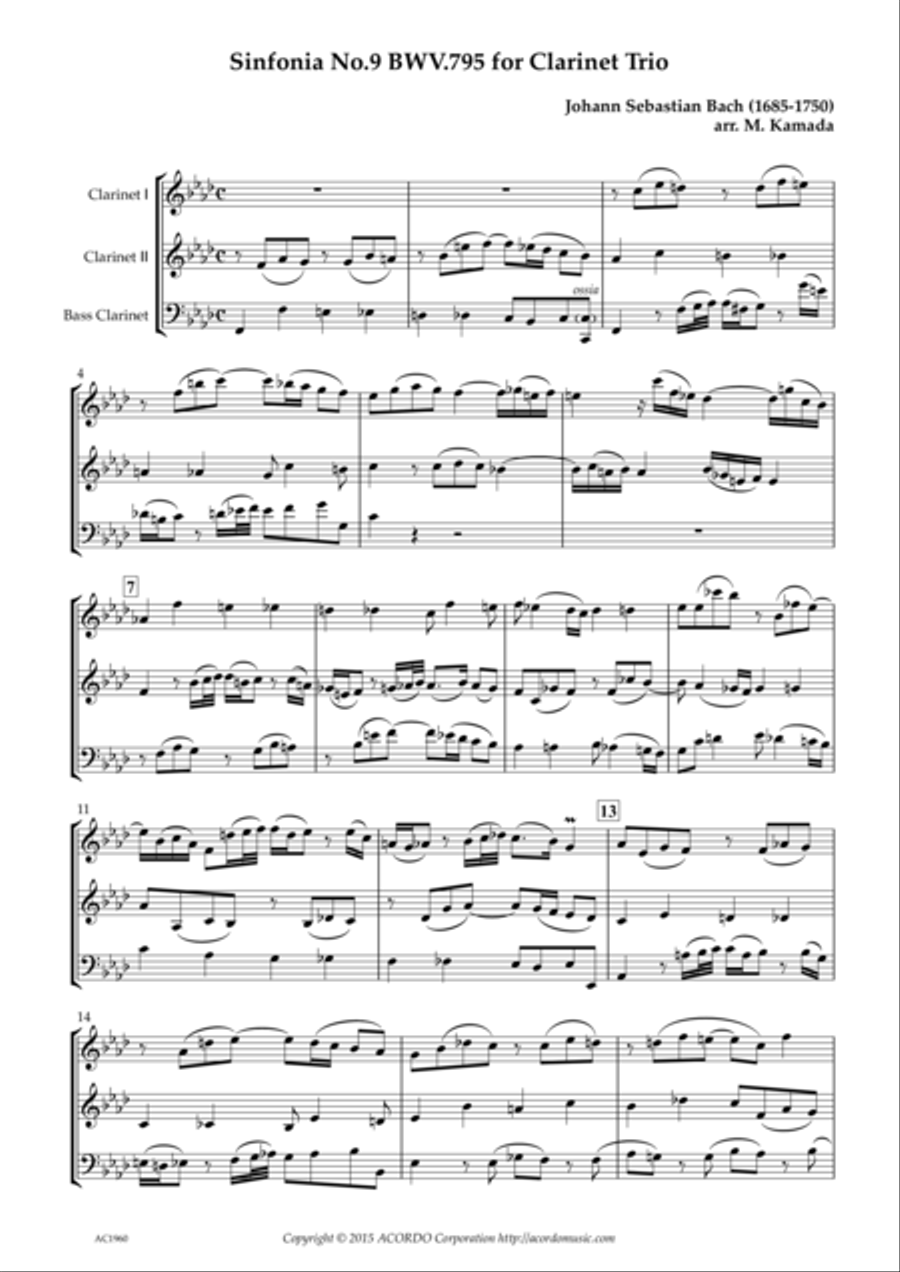 Sinfonia No.9 BWV.795 for Clarinet Trio Clarinet Trio scores gallery preview page 1